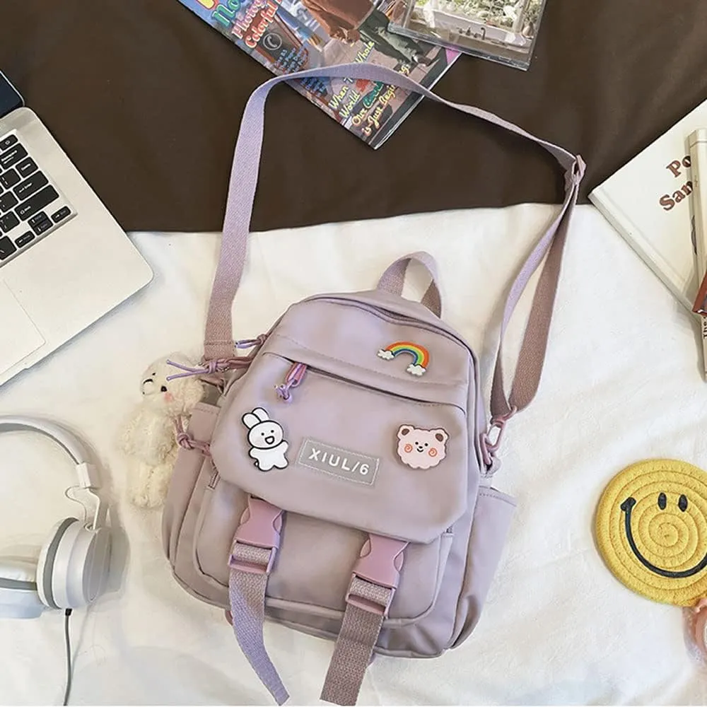 Cute Mini Backpack with Kawaii Cow Pendant, Purple, for School