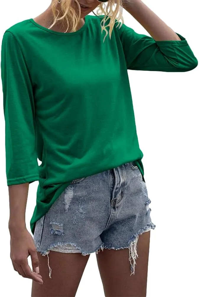 Danedvi Women Fashion O-Neck 3/4 Sleeve T Shirt Solid Casual Basic Tops