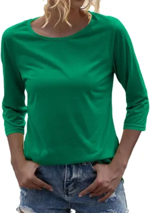 Danedvi Women Fashion O-Neck 3/4 Sleeve T Shirt Solid Casual Basic Tops