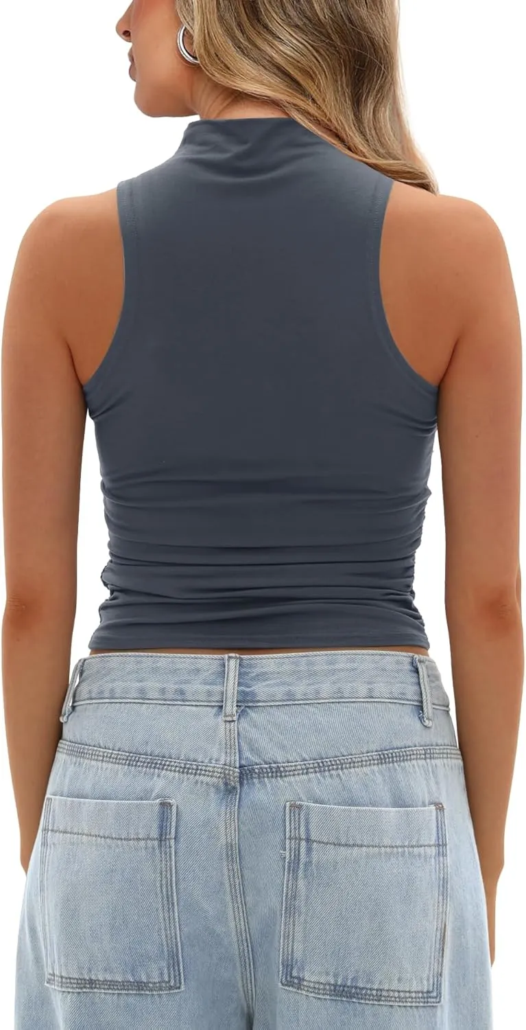 Darong Women's Tank Tops Summer Mock Neck Modal Sleeveless Shirts Slim Fit Ruched Going Out Top