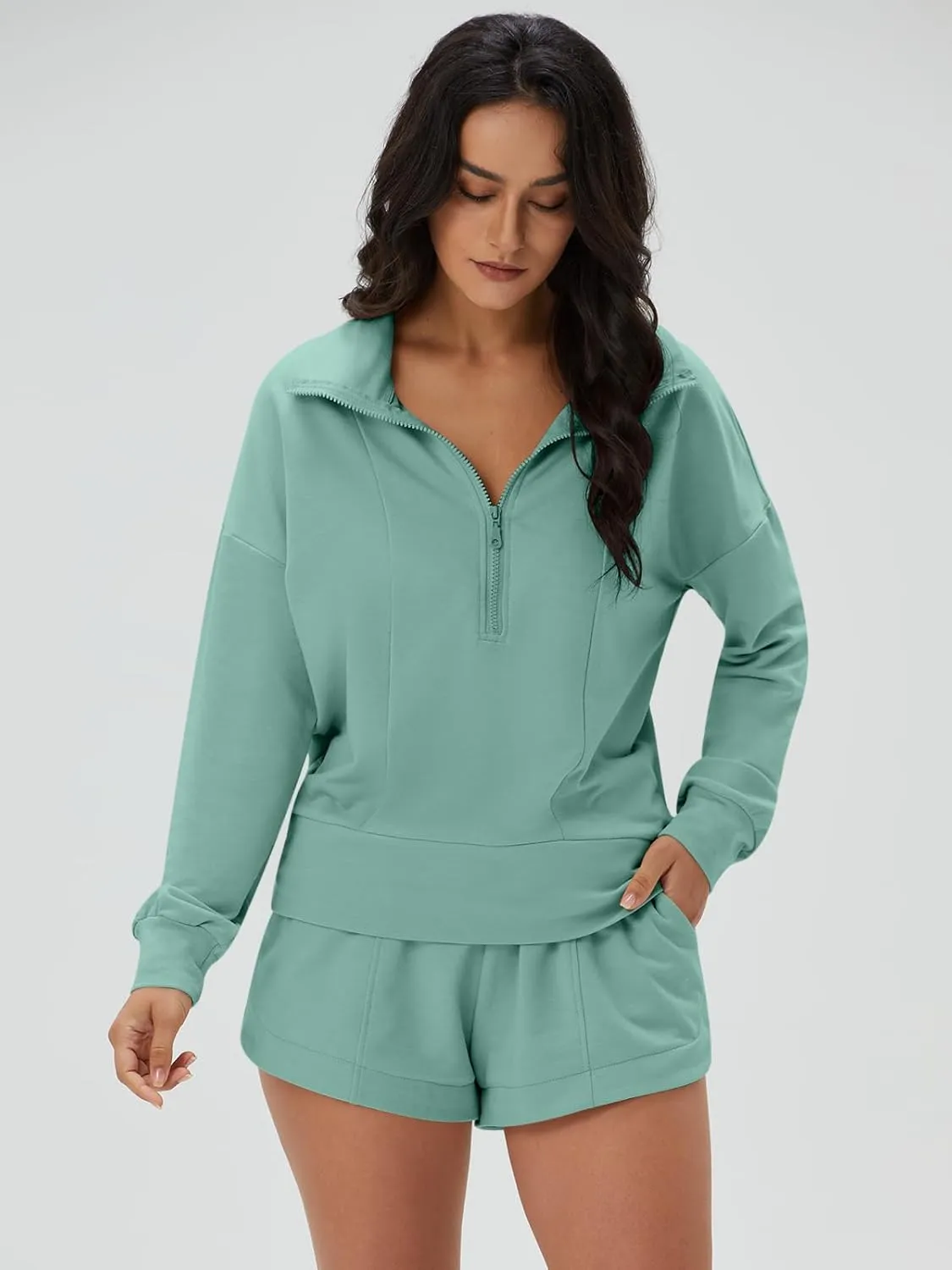 DEEP SELF Women 2 Piece Outfits Sweatshirt Quarter Zip V Neck Long Sleeve Pullover Top Shorts Pajamas Tracksuit Sets