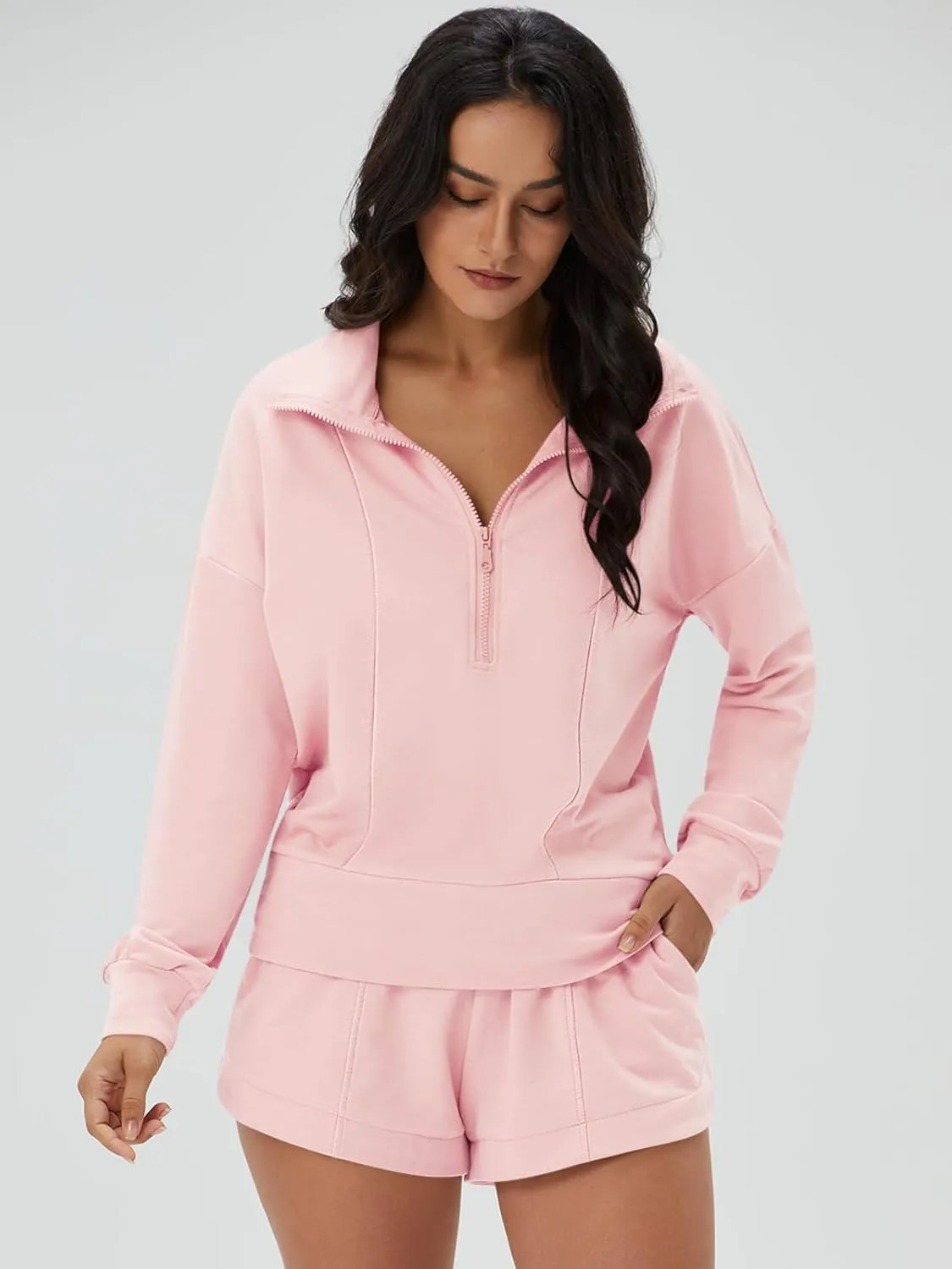 DEEP SELF Women 2 Piece Outfits Sweatshirt Quarter Zip V Neck Long Sleeve Pullover Top Shorts Pajamas Tracksuit Sets