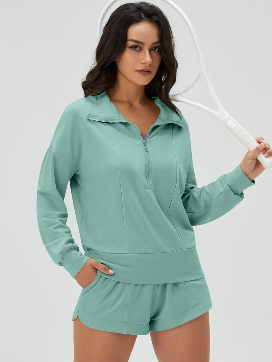 DEEP SELF Women 2 Piece Outfits Sweatshirt Quarter Zip V Neck Long Sleeve Pullover Top Shorts Pajamas Tracksuit Sets