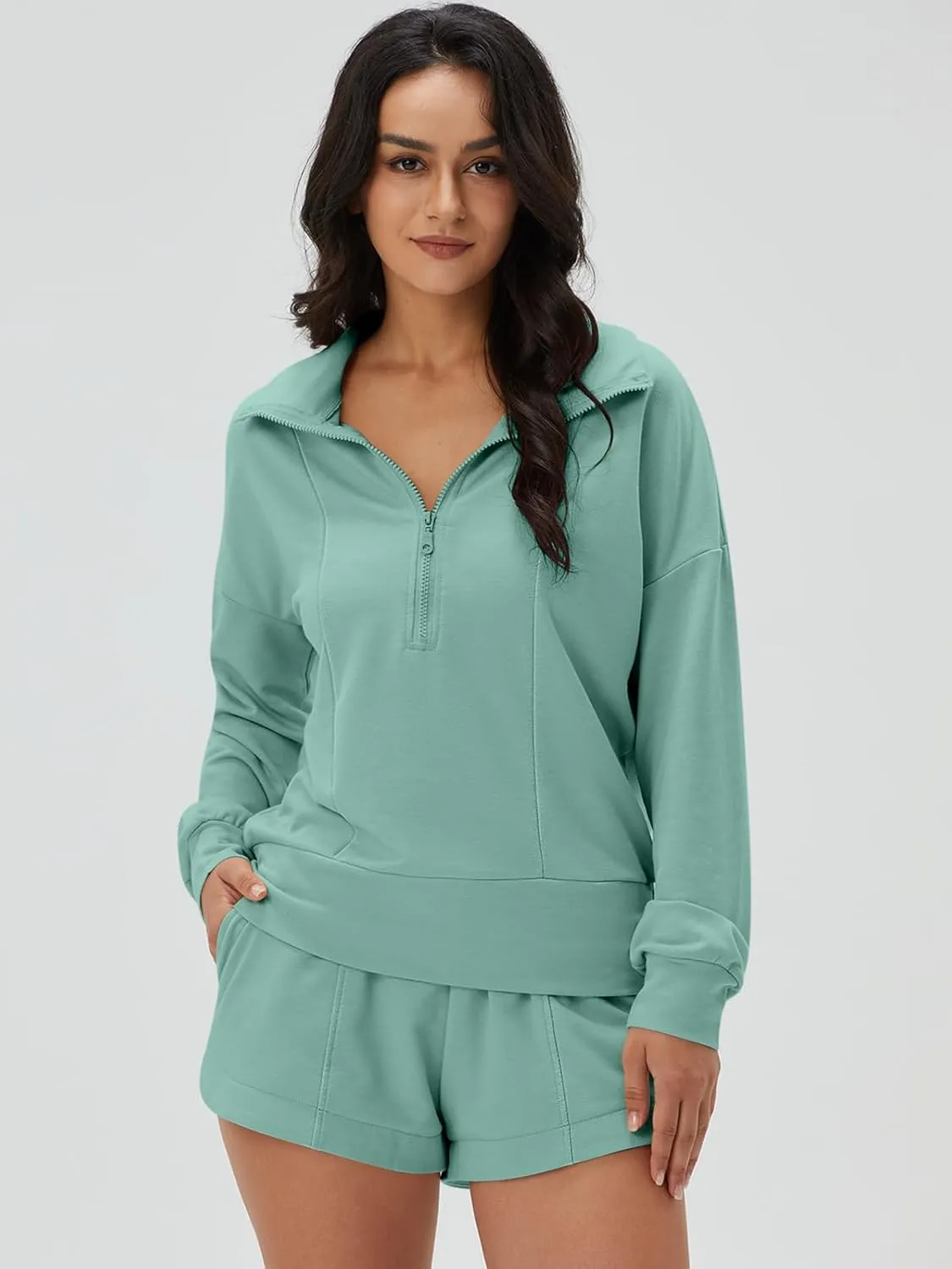 DEEP SELF Women 2 Piece Outfits Sweatshirt Quarter Zip V Neck Long Sleeve Pullover Top Shorts Pajamas Tracksuit Sets