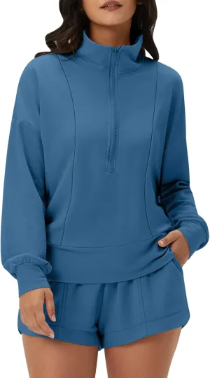 DEEP SELF Women 2 Piece Outfits Sweatshirt Quarter Zip V Neck Long Sleeve Pullover Top Shorts Pajamas Tracksuit Sets