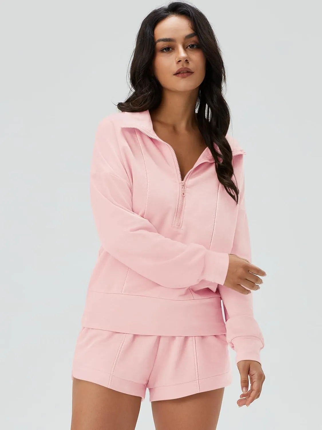 DEEP SELF Women 2 Piece Outfits Sweatshirt Quarter Zip V Neck Long Sleeve Pullover Top Shorts Pajamas Tracksuit Sets