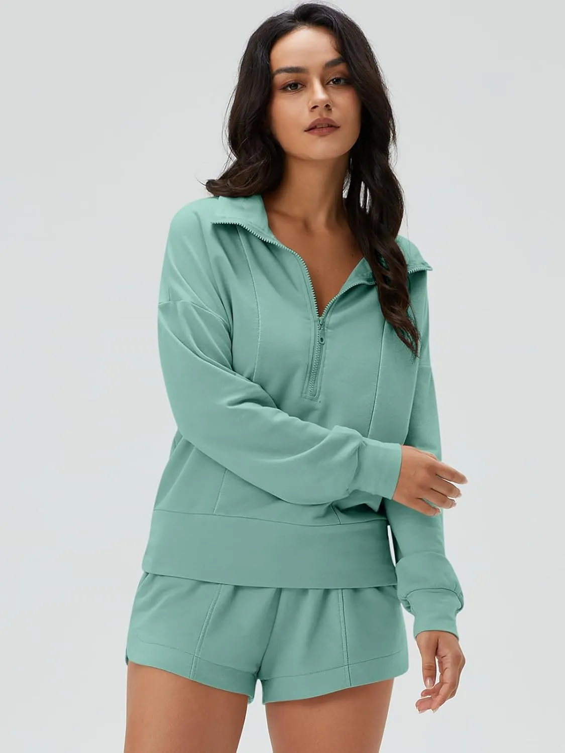 DEEP SELF Women 2 Piece Outfits Sweatshirt Quarter Zip V Neck Long Sleeve Pullover Top Shorts Pajamas Tracksuit Sets