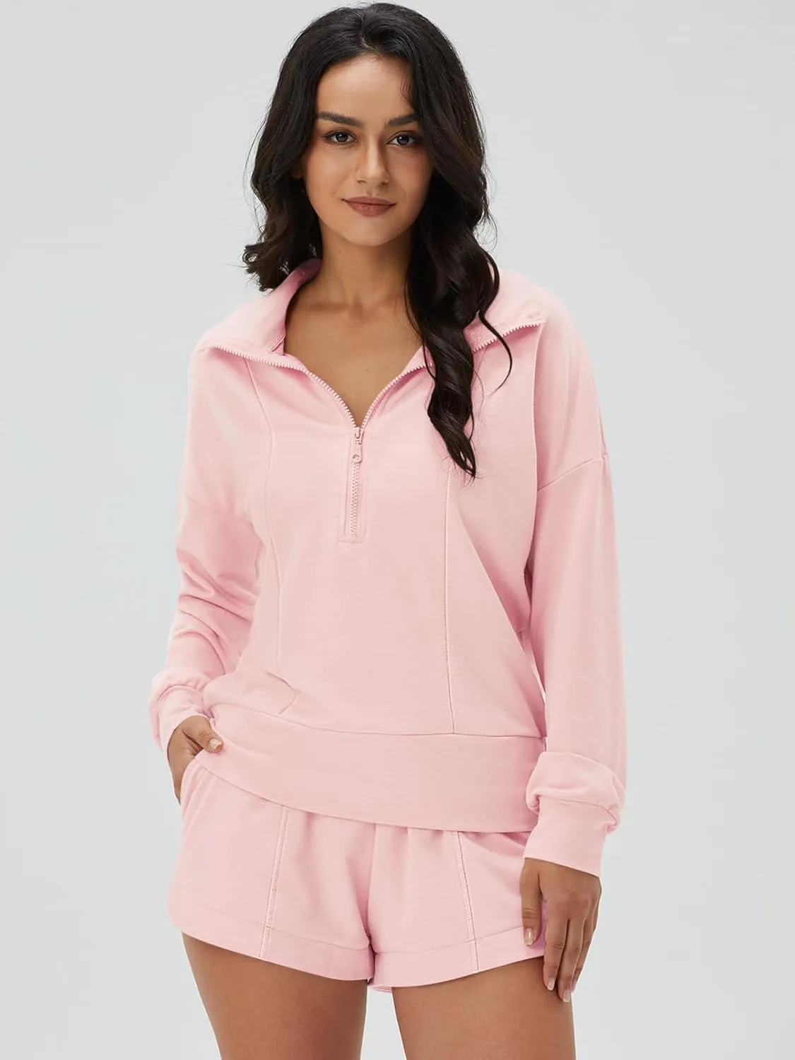 DEEP SELF Women 2 Piece Outfits Sweatshirt Quarter Zip V Neck Long Sleeve Pullover Top Shorts Pajamas Tracksuit Sets