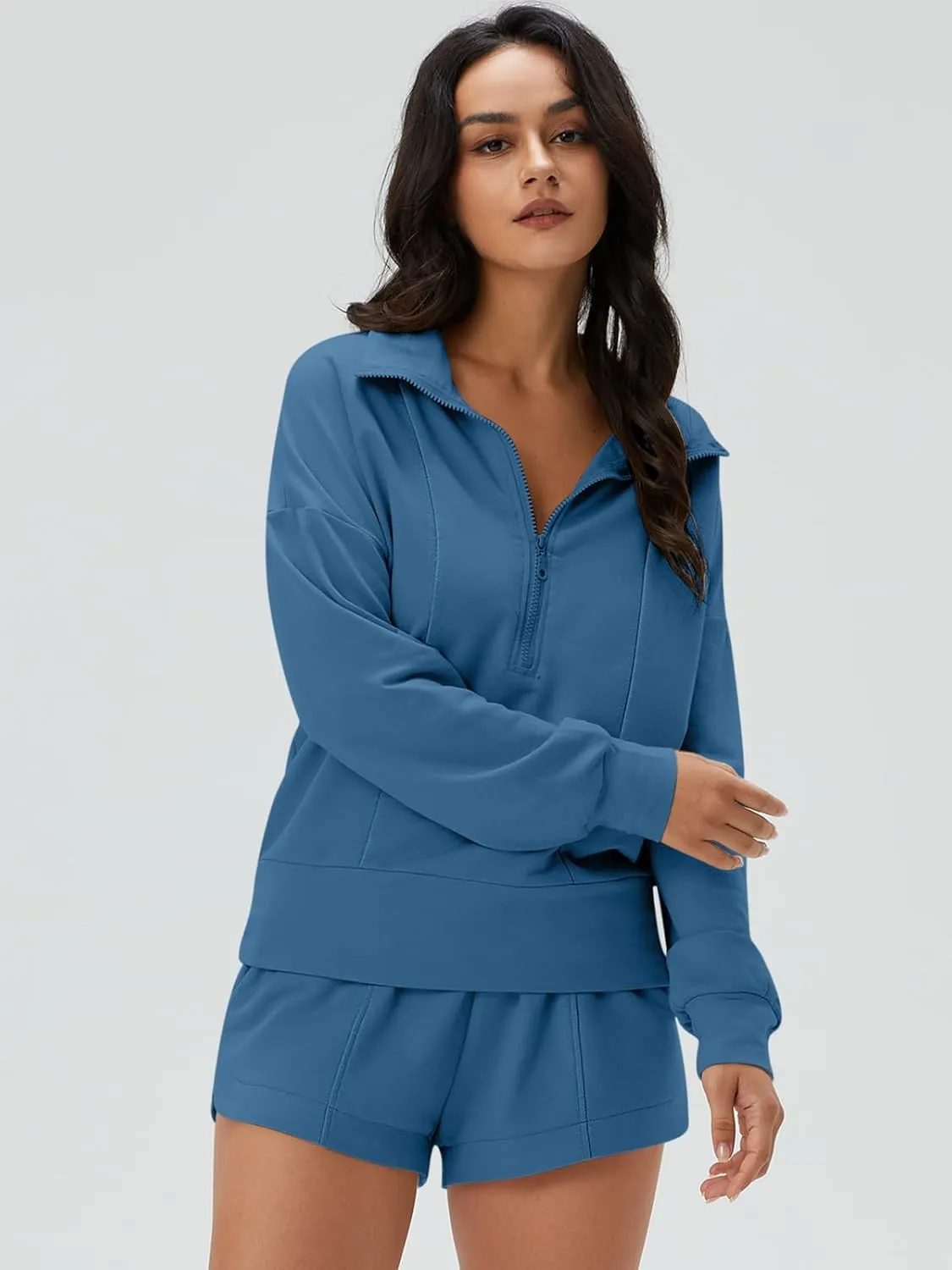 DEEP SELF Women 2 Piece Outfits Sweatshirt Quarter Zip V Neck Long Sleeve Pullover Top Shorts Pajamas Tracksuit Sets
