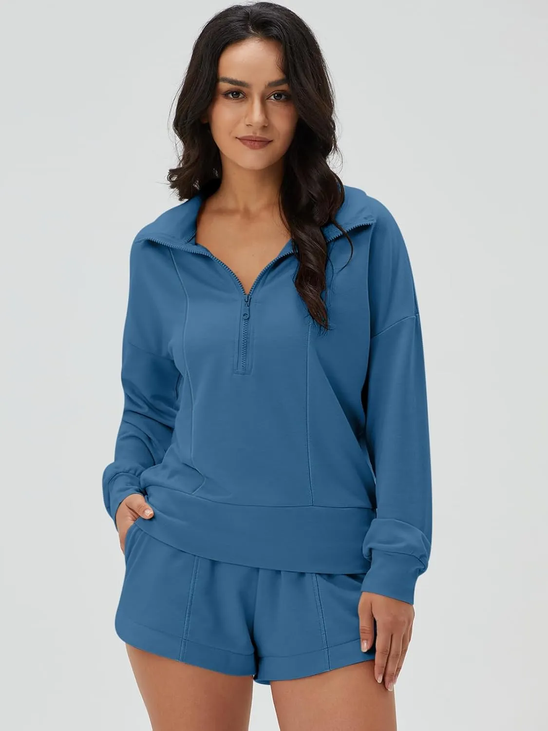 DEEP SELF Women 2 Piece Outfits Sweatshirt Quarter Zip V Neck Long Sleeve Pullover Top Shorts Pajamas Tracksuit Sets