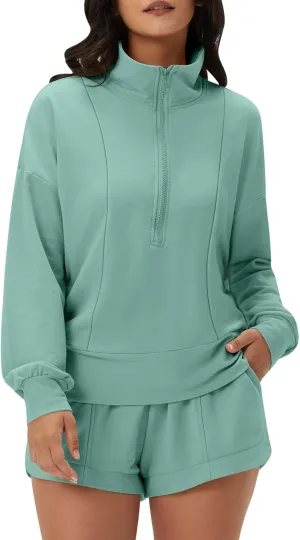 DEEP SELF Women 2 Piece Outfits Sweatshirt Quarter Zip V Neck Long Sleeve Pullover Top Shorts Pajamas Tracksuit Sets