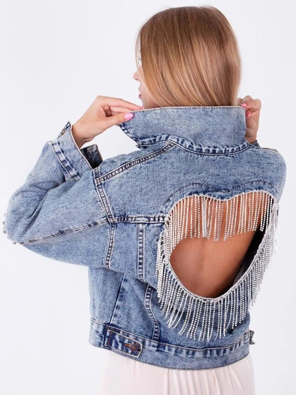 Diamond Tassel Coat Single-Breasted Open Back Women Jeans Coat