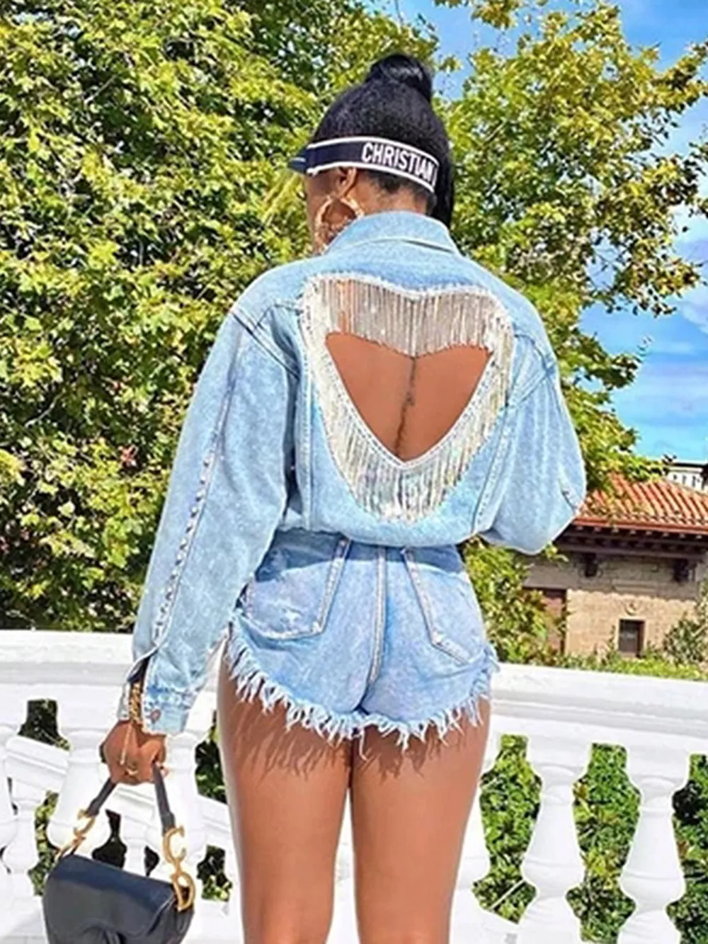 Diamond Tassel Coat Single-Breasted Open Back Women Jeans Coat