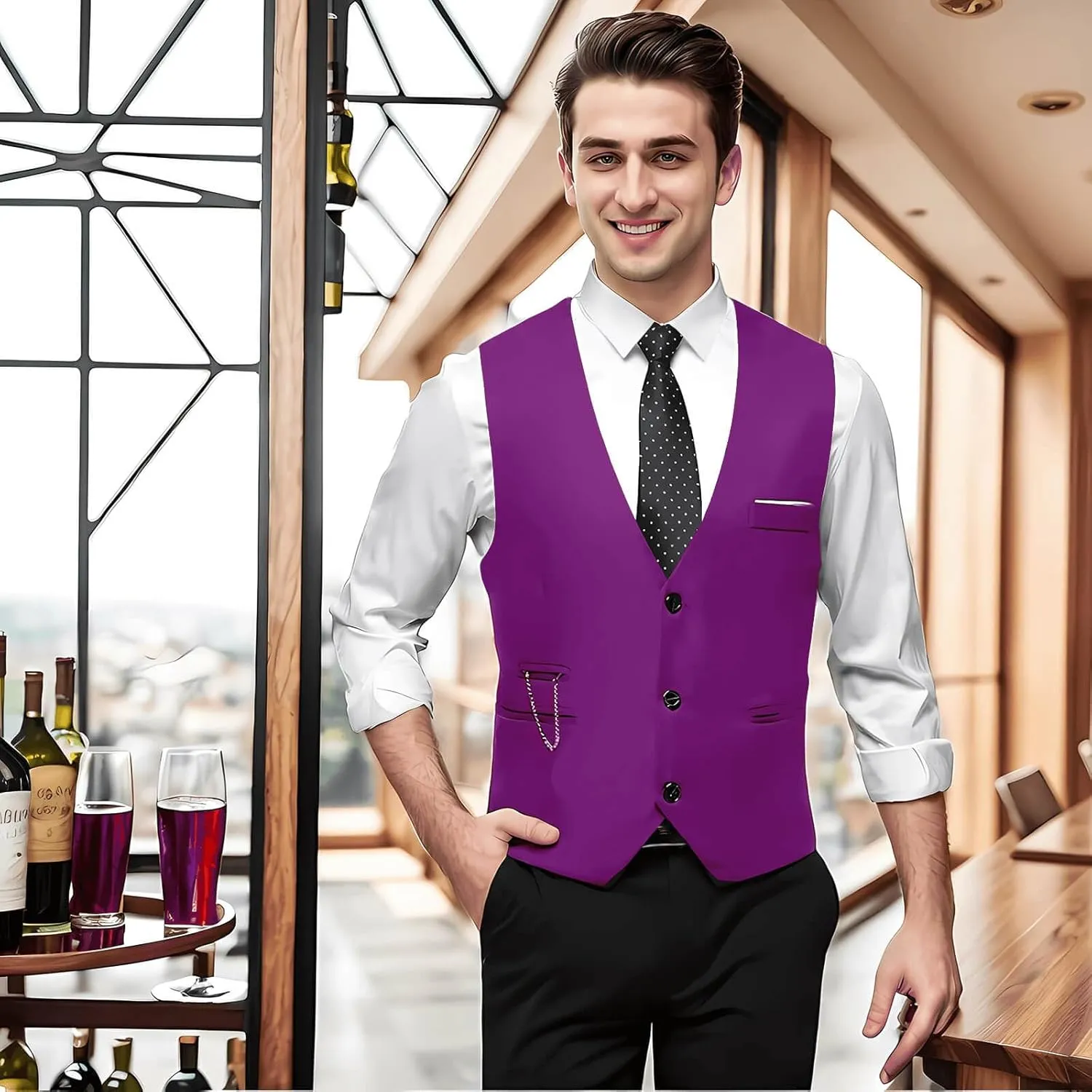 DOKKIA Men's Dress Vest Suit Waistcoat Formal Business Slim Fit V-neck Sleeveless Tuxedo Jacket with Chain