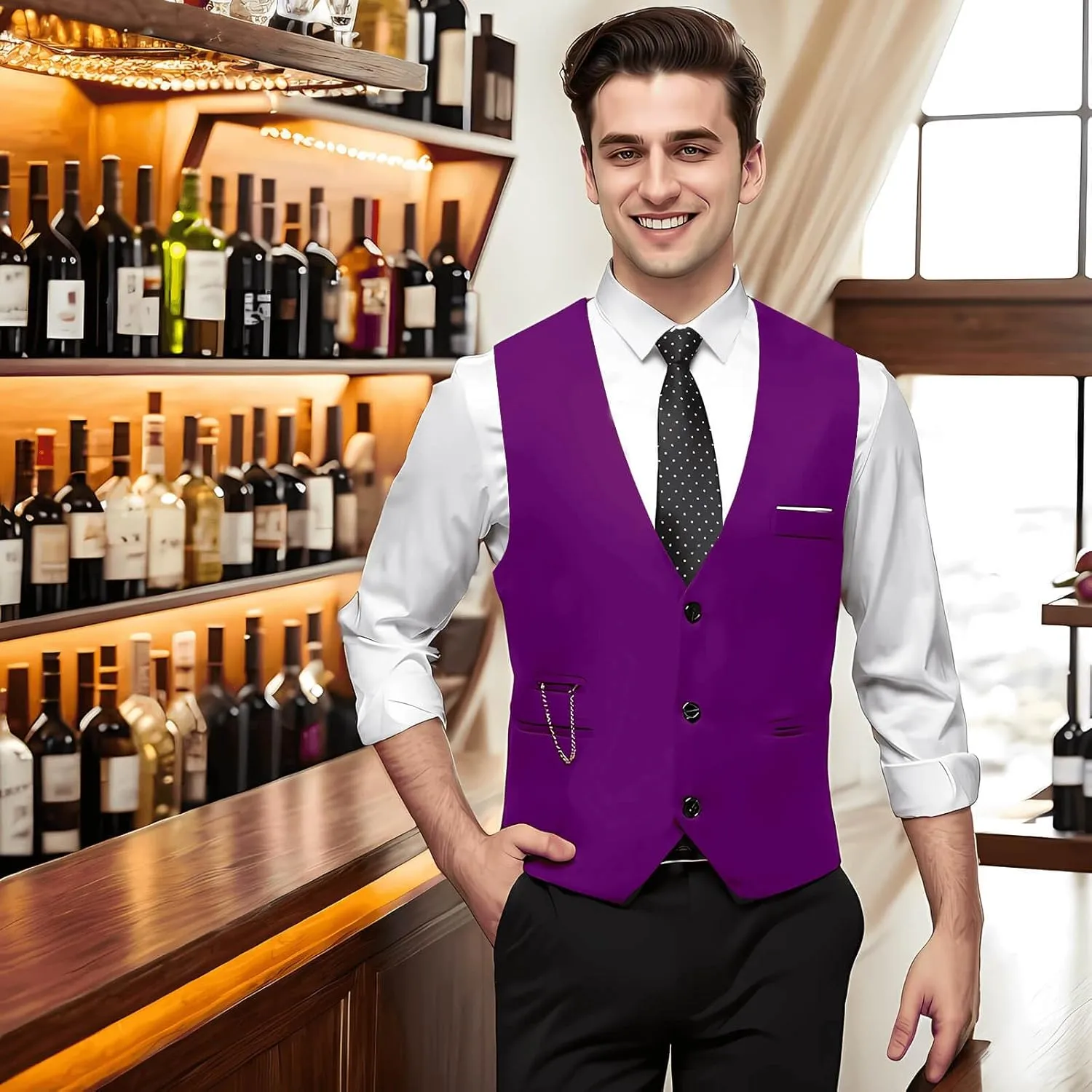 DOKKIA Men's Dress Vest Suit Waistcoat Formal Business Slim Fit V-neck Sleeveless Tuxedo Jacket with Chain