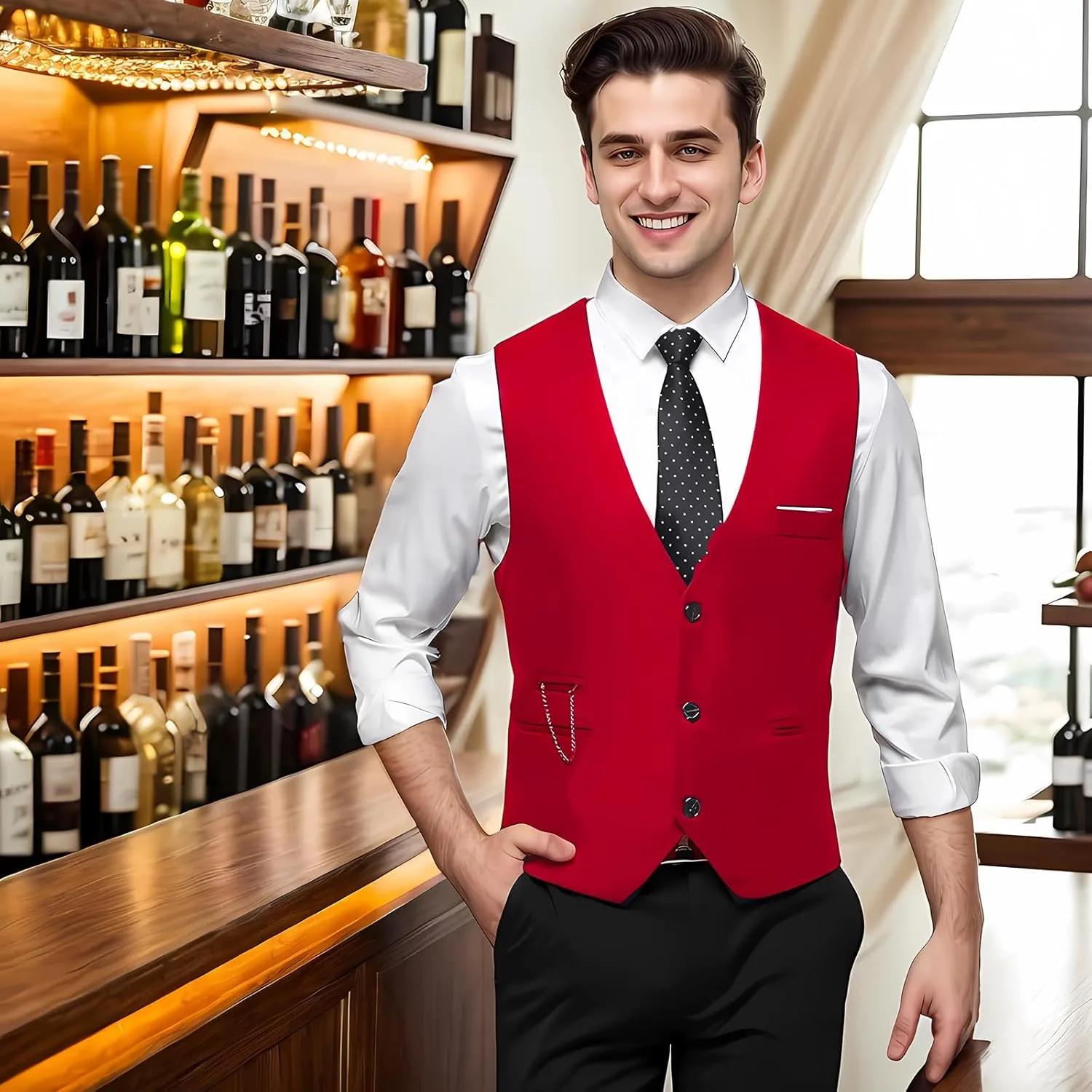DOKKIA Men's Dress Vest Suit Waistcoat Formal Business Slim Fit V-neck Sleeveless Tuxedo Jacket with Chain