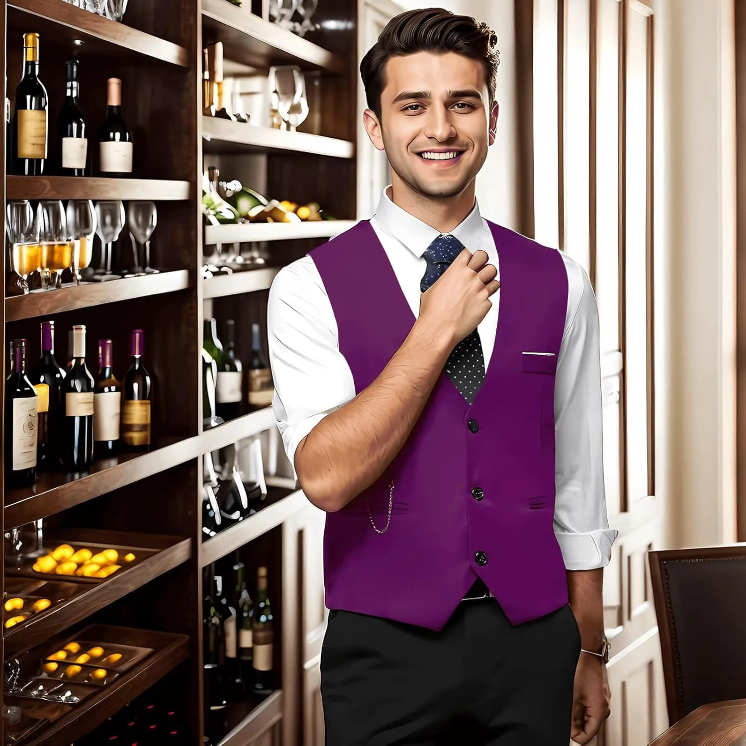 DOKKIA Men's Dress Vest Suit Waistcoat Formal Business Slim Fit V-neck Sleeveless Tuxedo Jacket with Chain