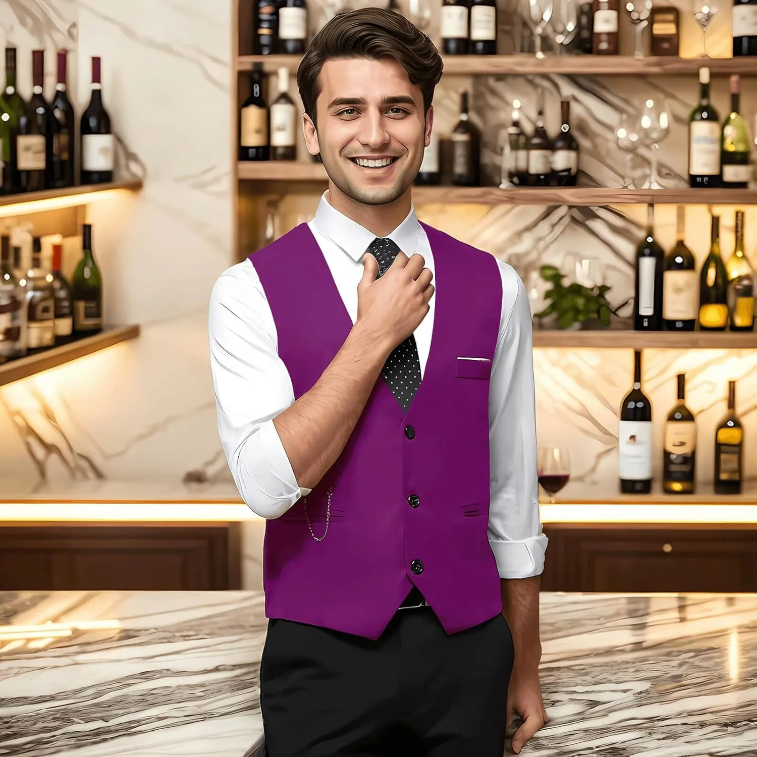 DOKKIA Men's Dress Vest Suit Waistcoat Formal Business Slim Fit V-neck Sleeveless Tuxedo Jacket with Chain