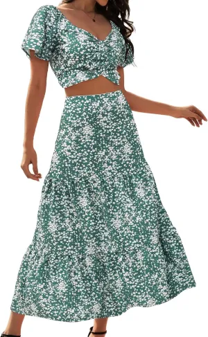 DRESSTELLS Women's 2 Piece Skirt Set, Floral Skirt Set Outfits Suit, Top & Long Skirts, Casual Boho Summer Dress 2025
