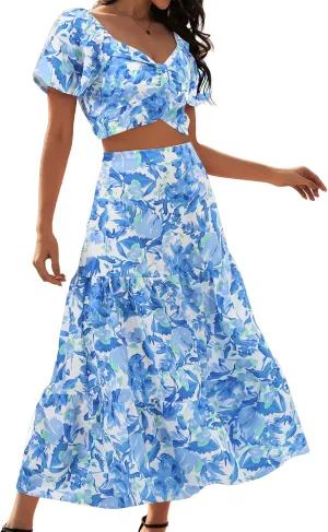 DRESSTELLS Women's 2 Piece Skirt Set, Floral Skirt Set Outfits Suit, Top & Long Skirts, Casual Boho Summer Dress 2025