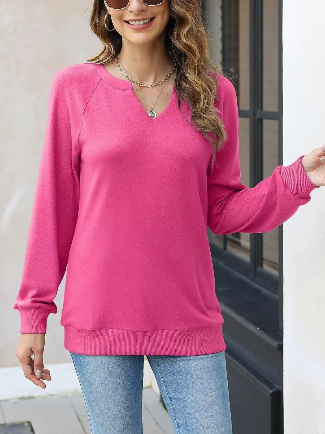EADINVE Women Casual Long Sleeve V Neck Sweatshirts Cute Loose Fit Lightweight Pullover Tops
