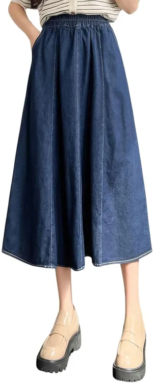 ebossy Womens Long Denim Skirt Casual High Waisted A-Line Flared Midi Jean Skirt with Pockets