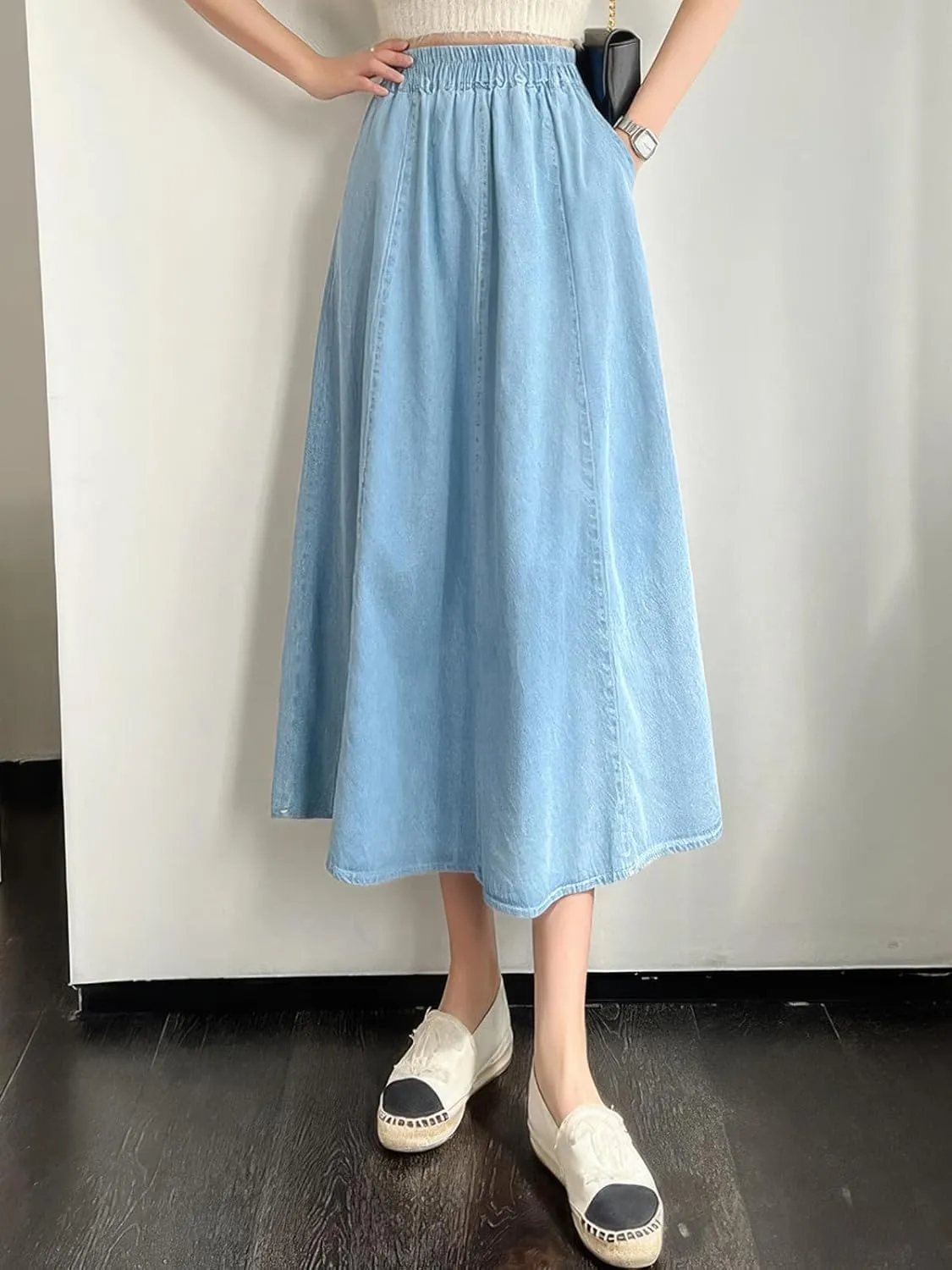 ebossy Womens Long Denim Skirt Casual High Waisted A-Line Flared Midi Jean Skirt with Pockets