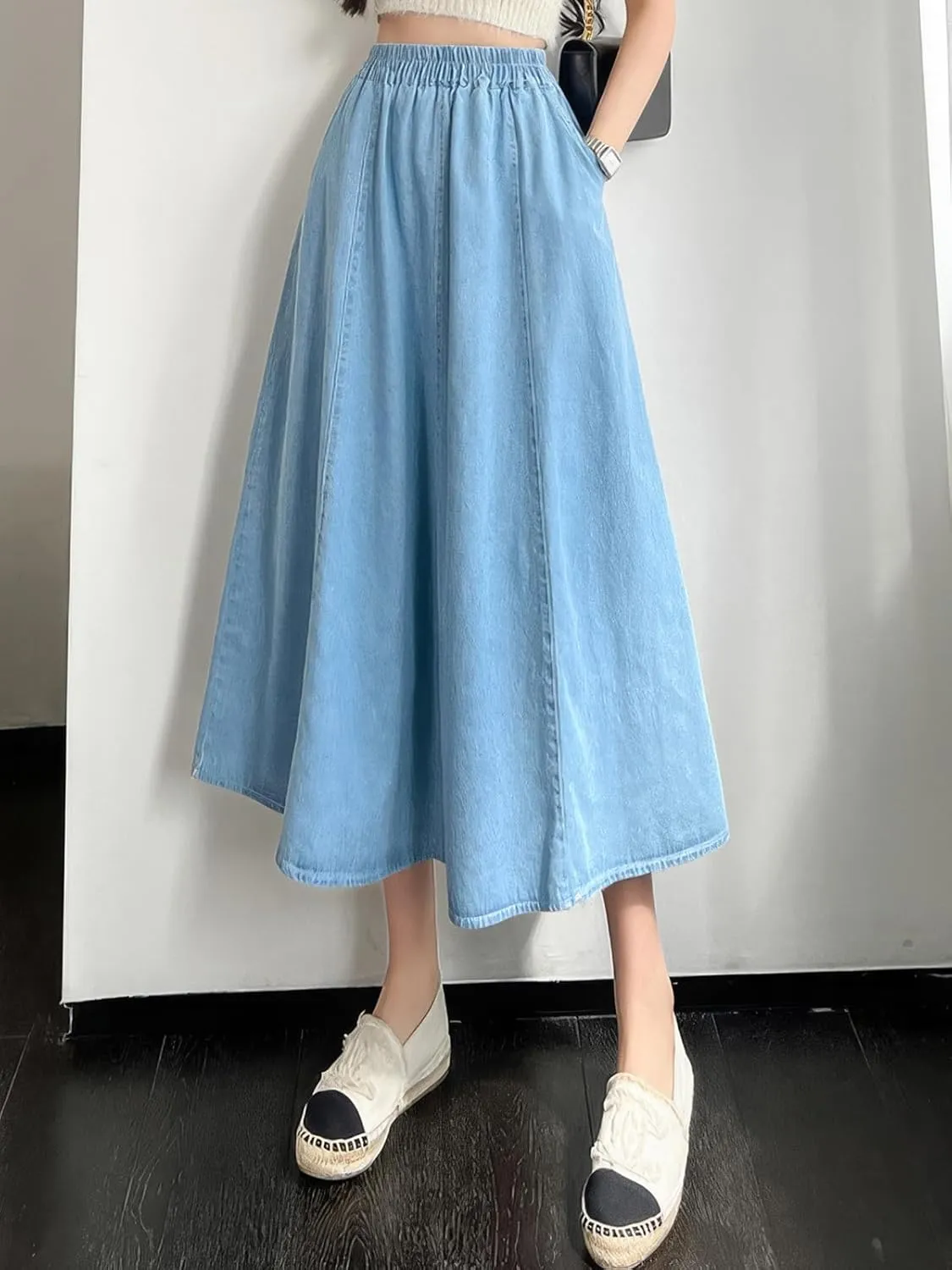 ebossy Womens Long Denim Skirt Casual High Waisted A-Line Flared Midi Jean Skirt with Pockets