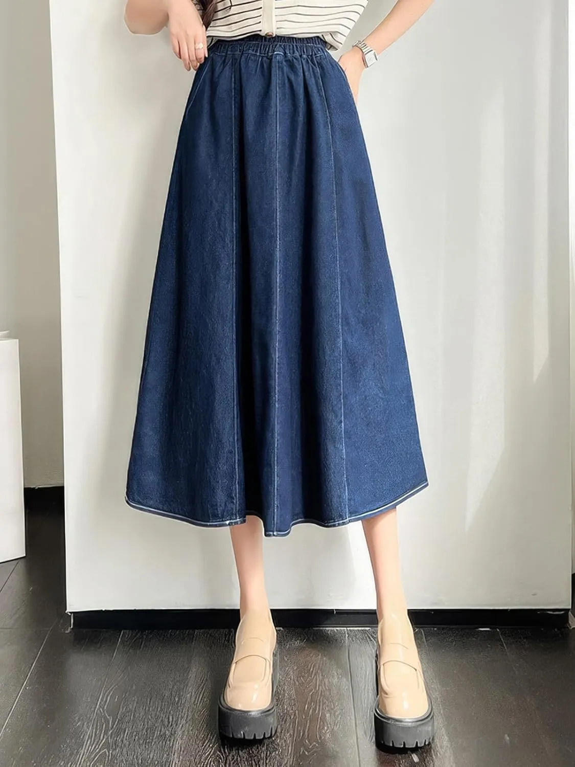ebossy Womens Long Denim Skirt Casual High Waisted A-Line Flared Midi Jean Skirt with Pockets