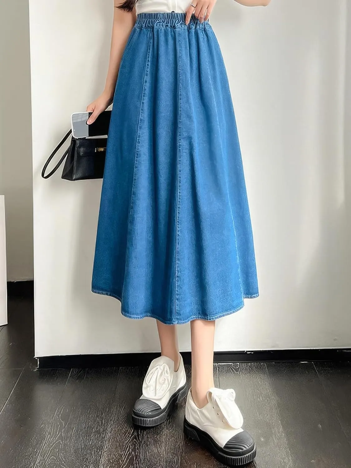 ebossy Womens Long Denim Skirt Casual High Waisted A-Line Flared Midi Jean Skirt with Pockets