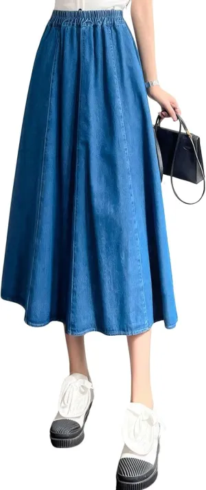 ebossy Womens Long Denim Skirt Casual High Waisted A-Line Flared Midi Jean Skirt with Pockets