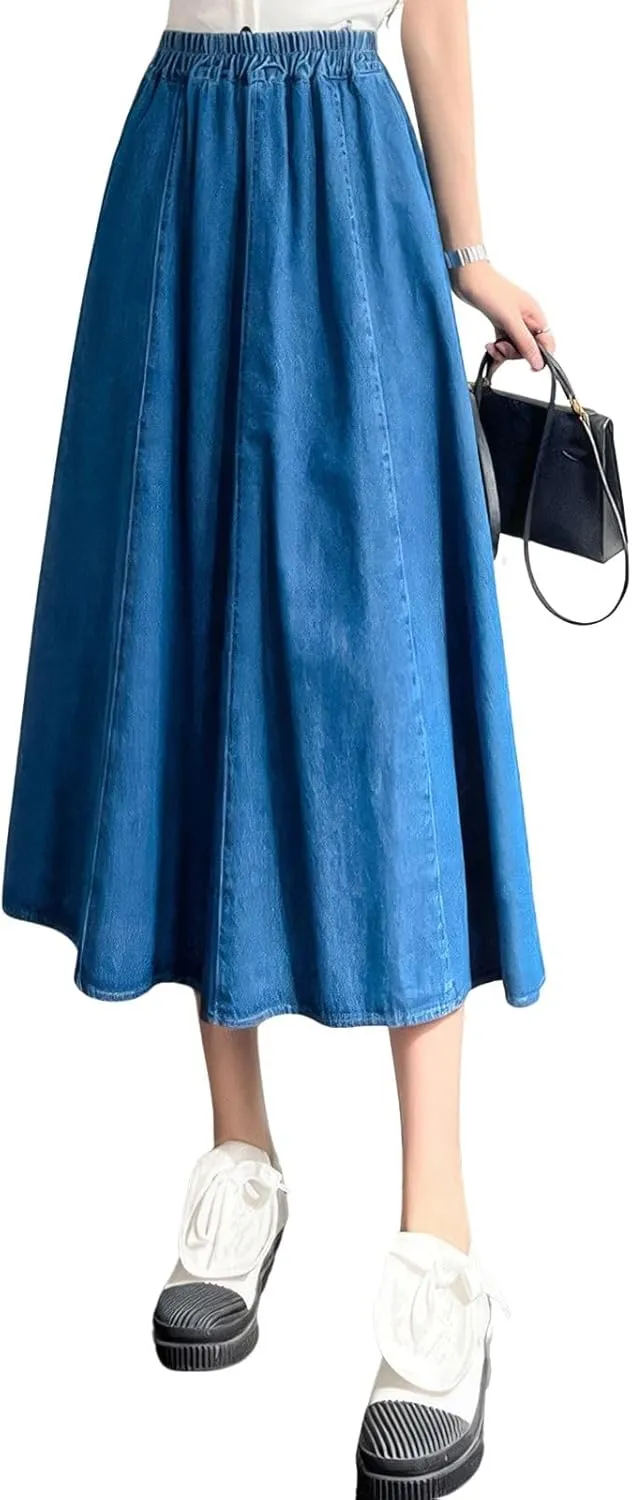ebossy Womens Long Denim Skirt Casual High Waisted A-Line Flared Midi Jean Skirt with Pockets