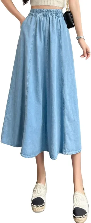 ebossy Womens Long Denim Skirt Casual High Waisted A-Line Flared Midi Jean Skirt with Pockets