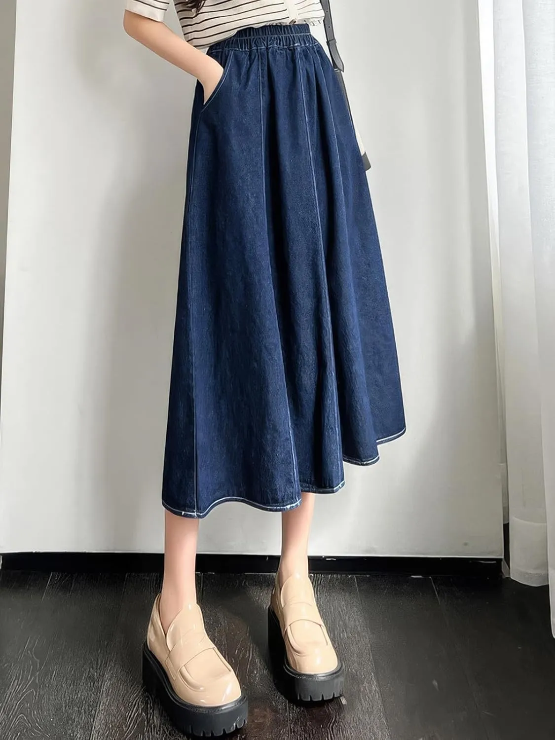 ebossy Womens Long Denim Skirt Casual High Waisted A-Line Flared Midi Jean Skirt with Pockets