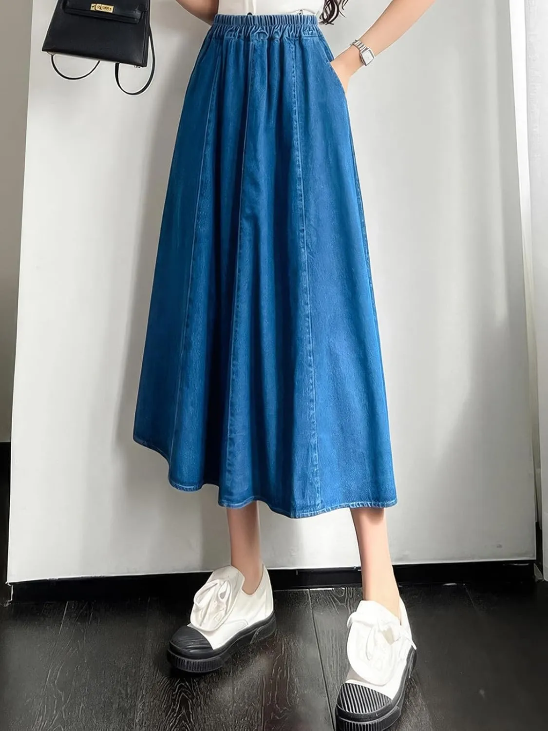 ebossy Womens Long Denim Skirt Casual High Waisted A-Line Flared Midi Jean Skirt with Pockets