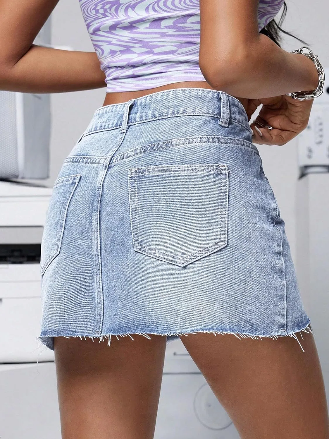 ELLEVEN Denim Skirt Women Mini Low Waist Stretchy Raw Hem Jean Skirt with Pockets
