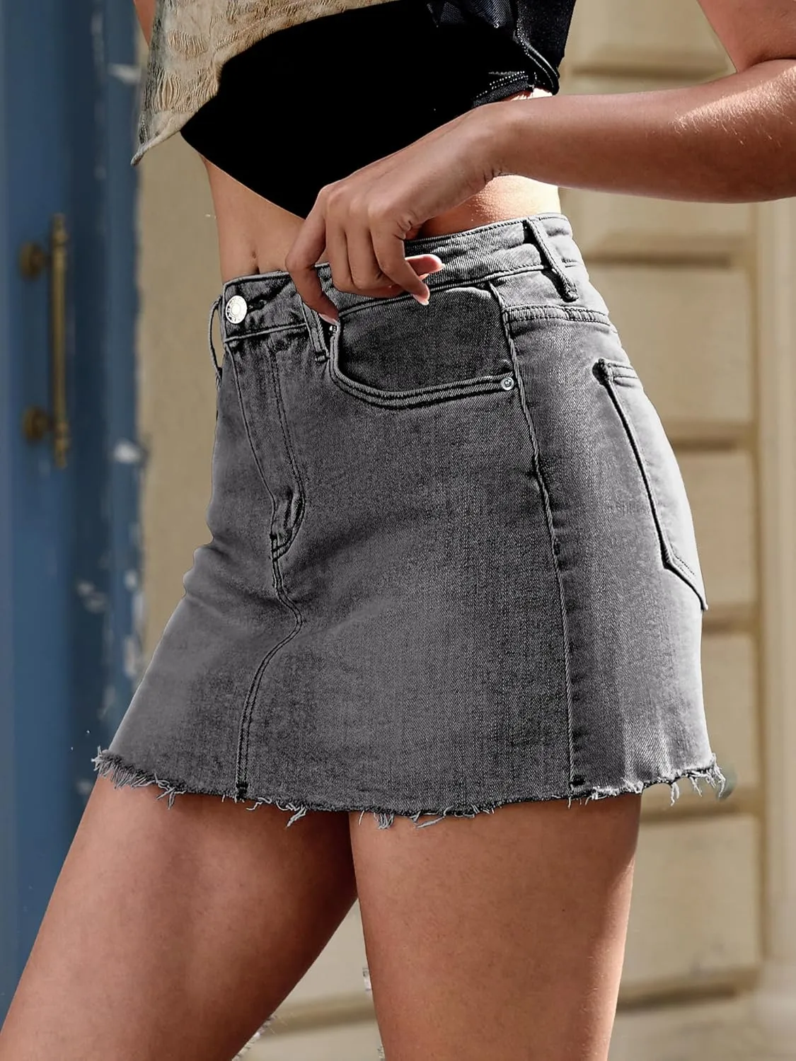 ELLEVEN Denim Skirt Women Mini Low Waist Stretchy Raw Hem Jean Skirt with Pockets