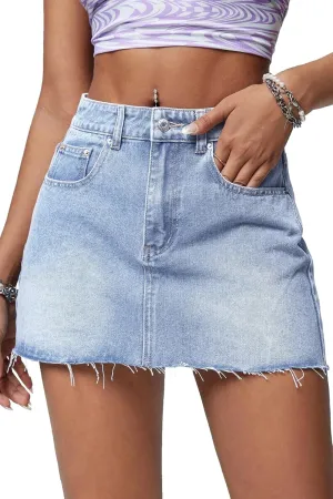 ELLEVEN Denim Skirt Women Mini Low Waist Stretchy Raw Hem Jean Skirt with Pockets