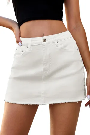 ELLEVEN Denim Skirt Women Mini Low Waist Stretchy Raw Hem Jean Skirt with Pockets