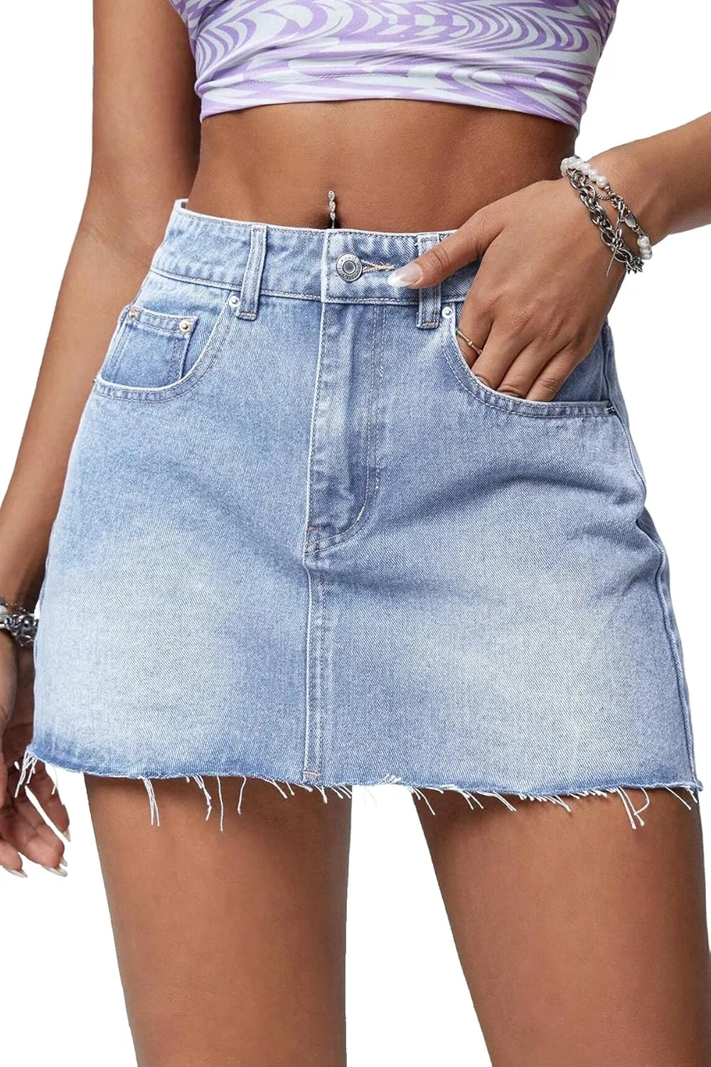 ELLEVEN Denim Skirt Women Mini Low Waist Stretchy Raw Hem Jean Skirt with Pockets
