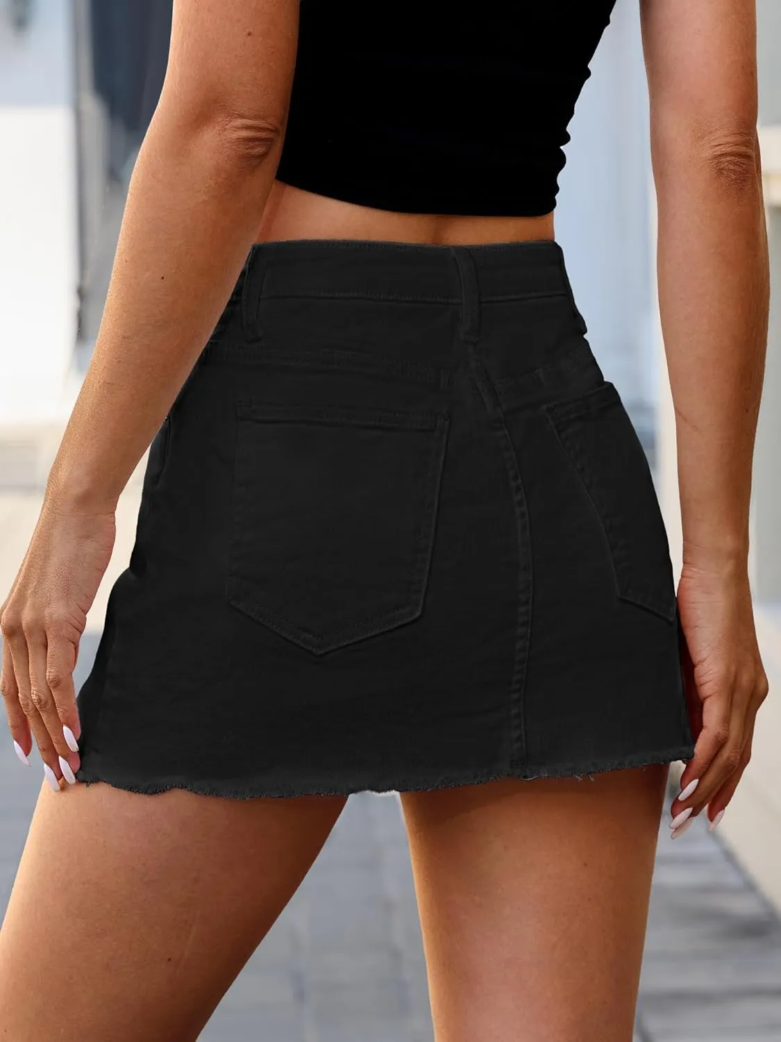 ELLEVEN Denim Skirt Women Mini Low Waist Stretchy Raw Hem Jean Skirt with Pockets