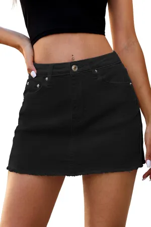ELLEVEN Denim Skirt Women Mini Low Waist Stretchy Raw Hem Jean Skirt with Pockets