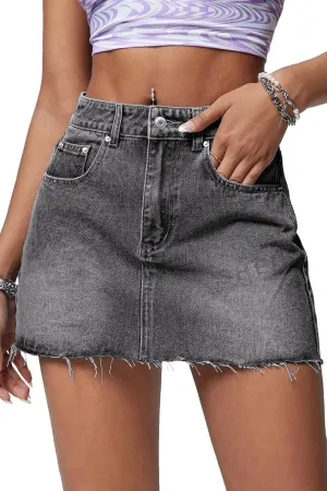 ELLEVEN Denim Skirt Women Mini Low Waist Stretchy Raw Hem Jean Skirt with Pockets