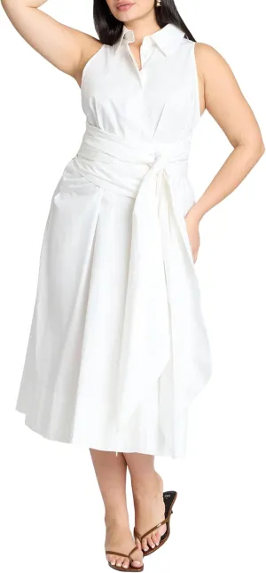 ELOQUII Women's Plus Size Tie Front Poplin Midi Dress