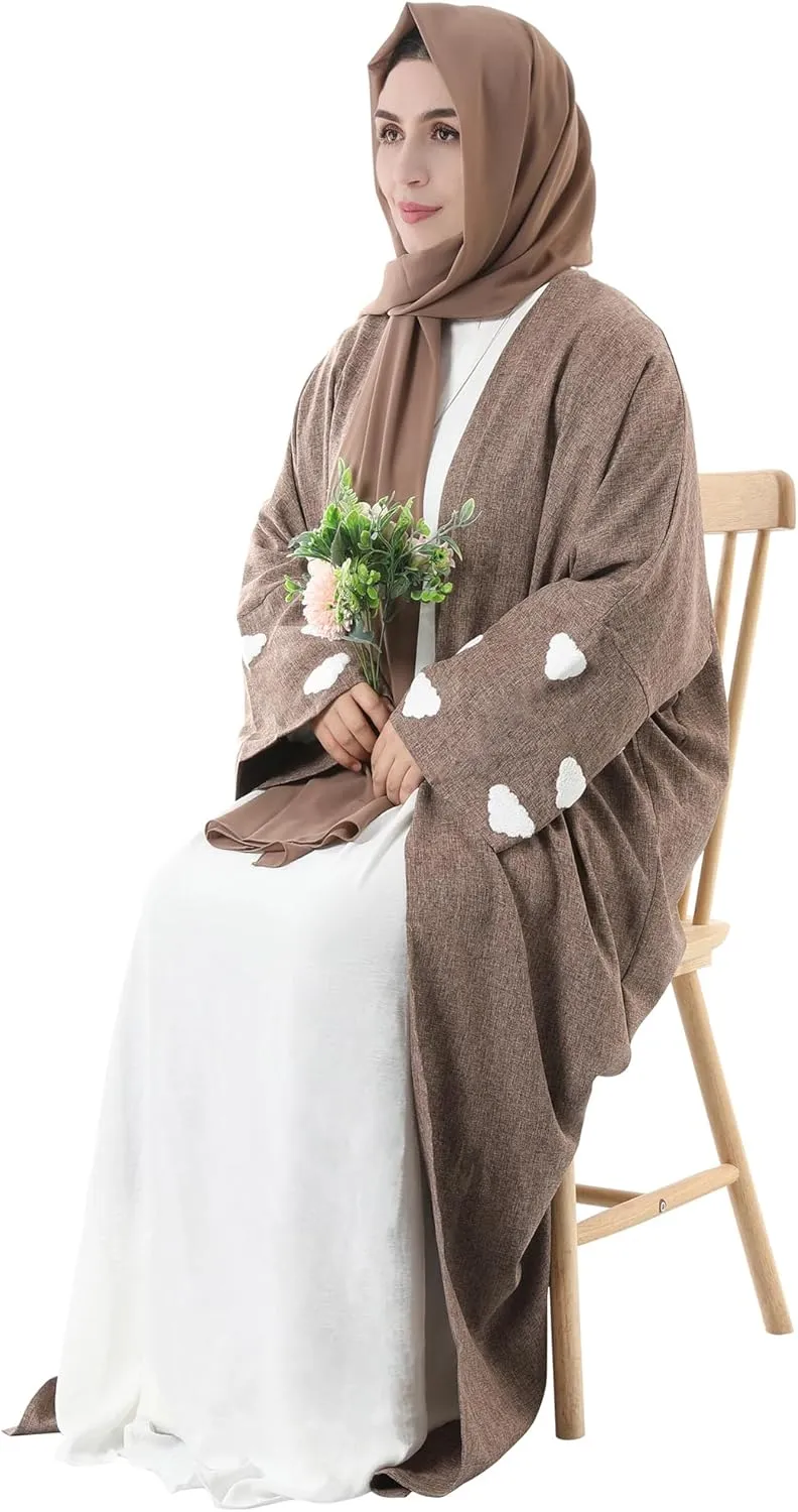Embroidered Long Sleeve Muslim Cardigan Open Front Dubai Abaya Turkish Pull-On Eid Clothes