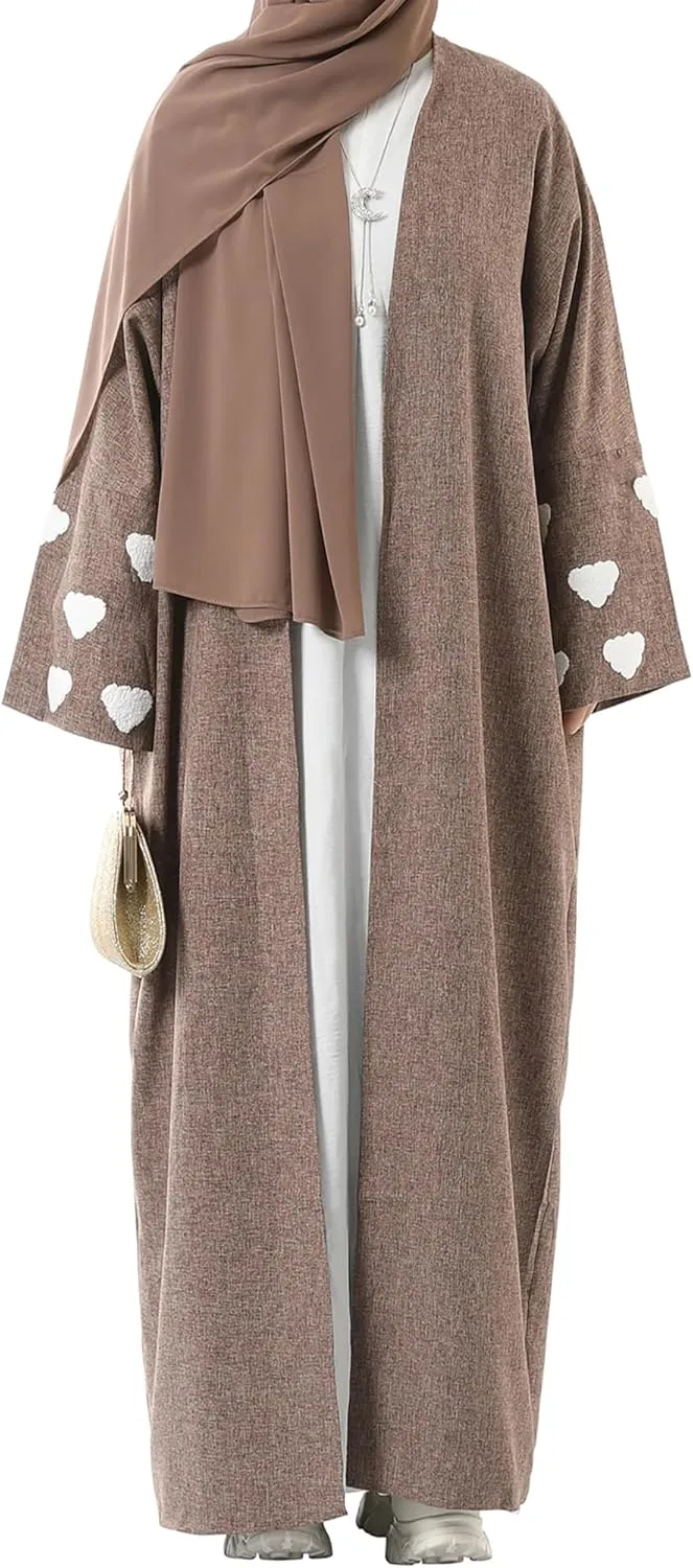 Embroidered Long Sleeve Muslim Cardigan Open Front Dubai Abaya Turkish Pull-On Eid Clothes
