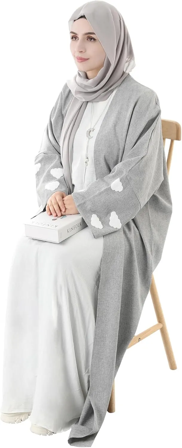 Embroidered Long Sleeve Muslim Cardigan Open Front Dubai Abaya Turkish Pull-On Eid Clothes