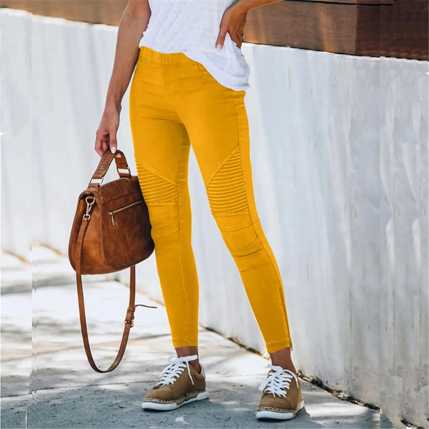 eoeioa Plus Size Leggings with Pockets for Women High Waisted Stretch Skinny Zipper Cropped Pencil Pants Stripe Tights Pants