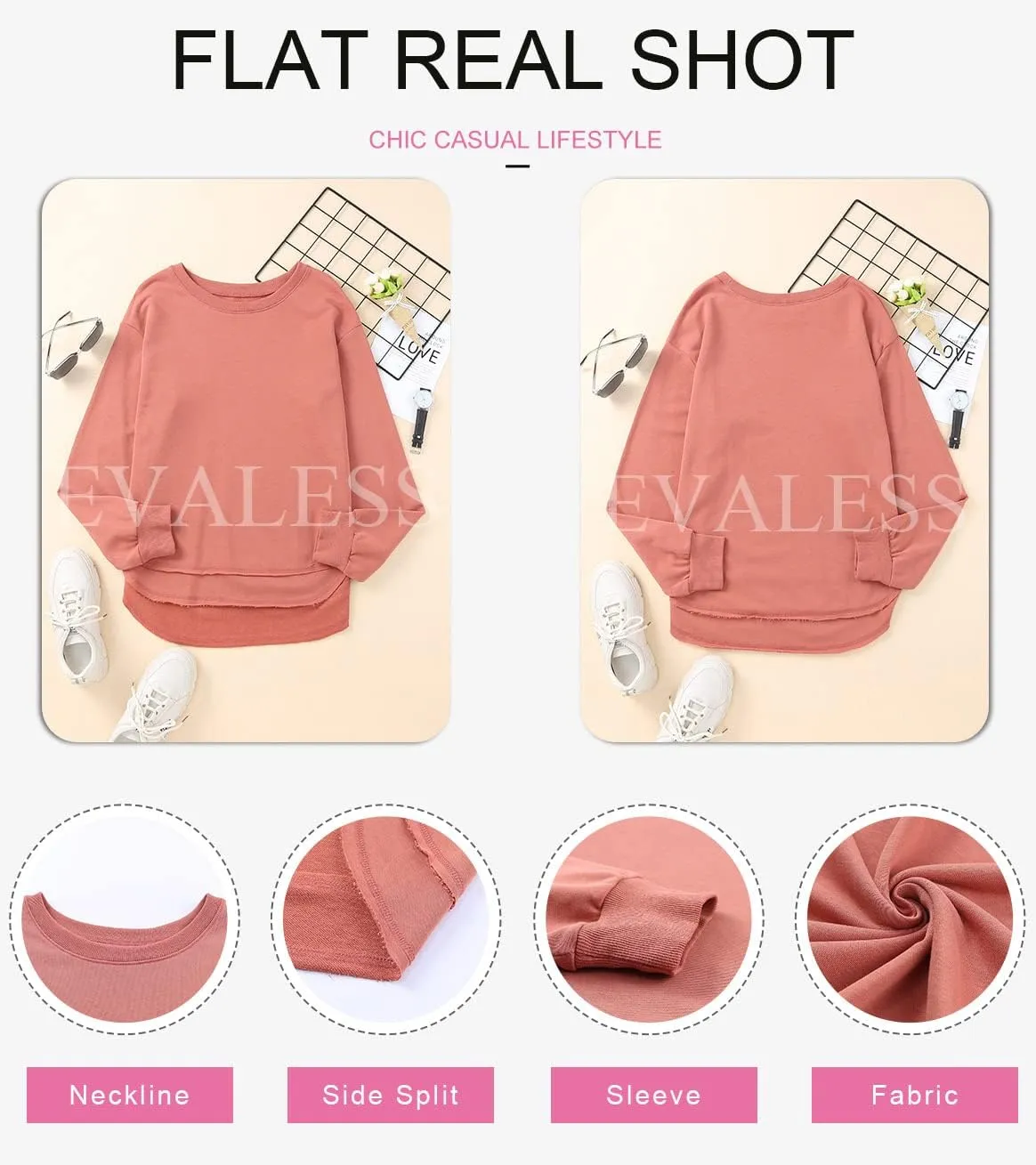EVALESS Sweatshirt for Women Crewneck Long Sleeve Side Split Tops Casual Solid Color Loose Pullover Shirts 2025 Clothes