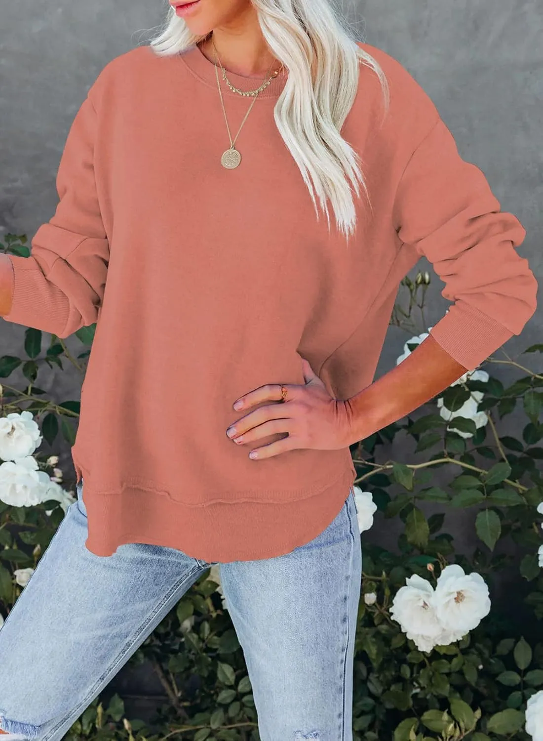 EVALESS Sweatshirt for Women Crewneck Long Sleeve Side Split Tops Casual Solid Color Loose Pullover Shirts 2025 Clothes